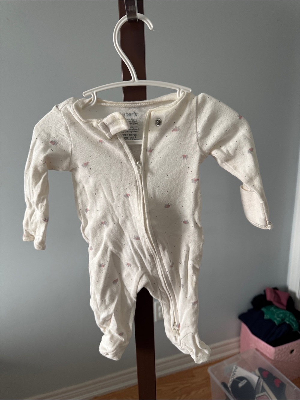 Carter's Cream Long-Sleeve Footed Zip One-Piece with Pink Accent